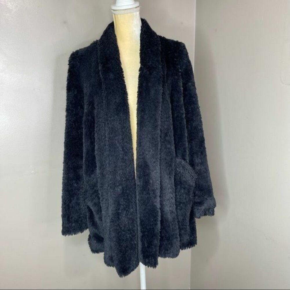 Kenneth Cole Faux Fur Black Coat Medium Women Open Front